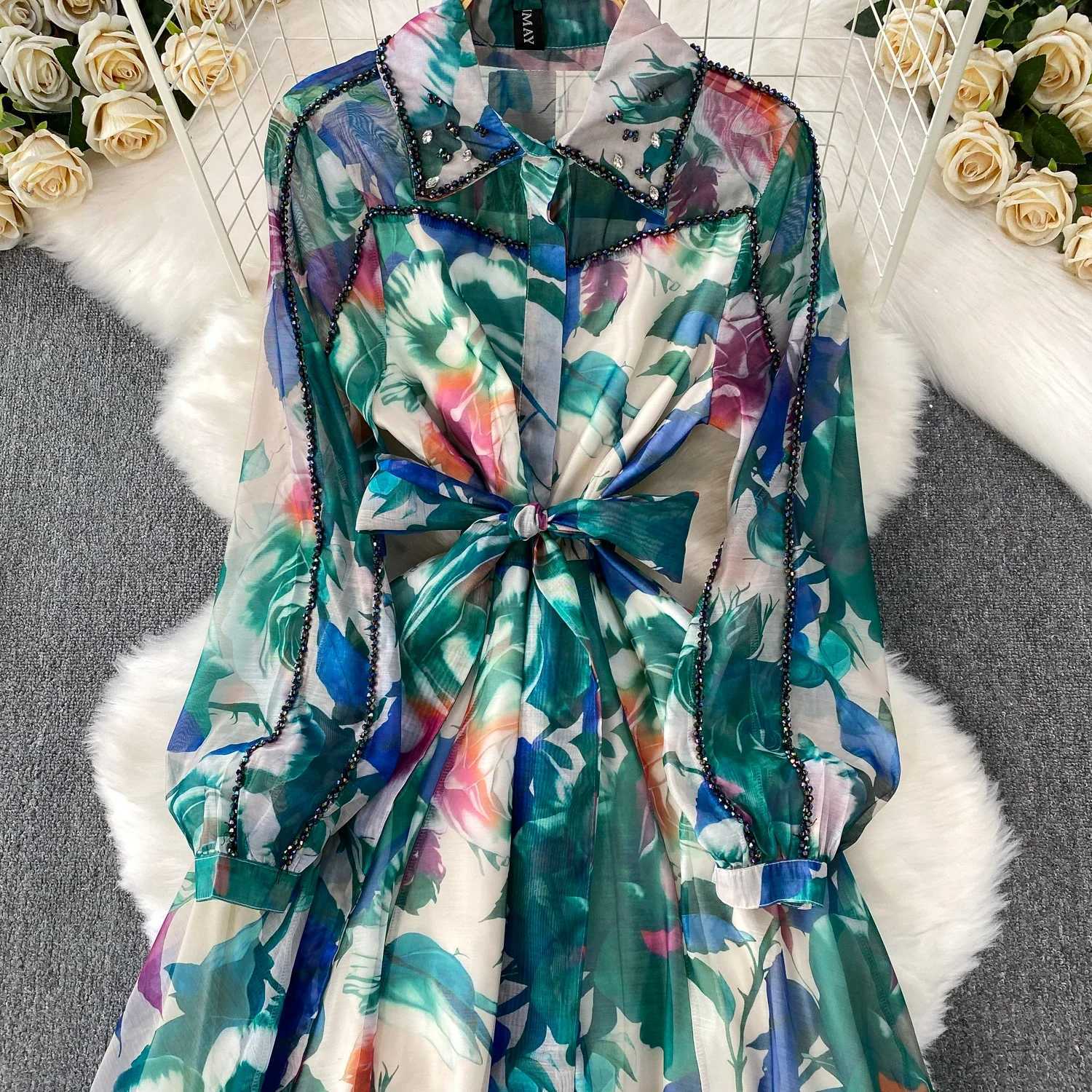 French Style Light Luxury Diamonds Dress Turn-down Collr Long Sleeve Single Breasted Big Swing Robe Vacation Print Vestidos X260306