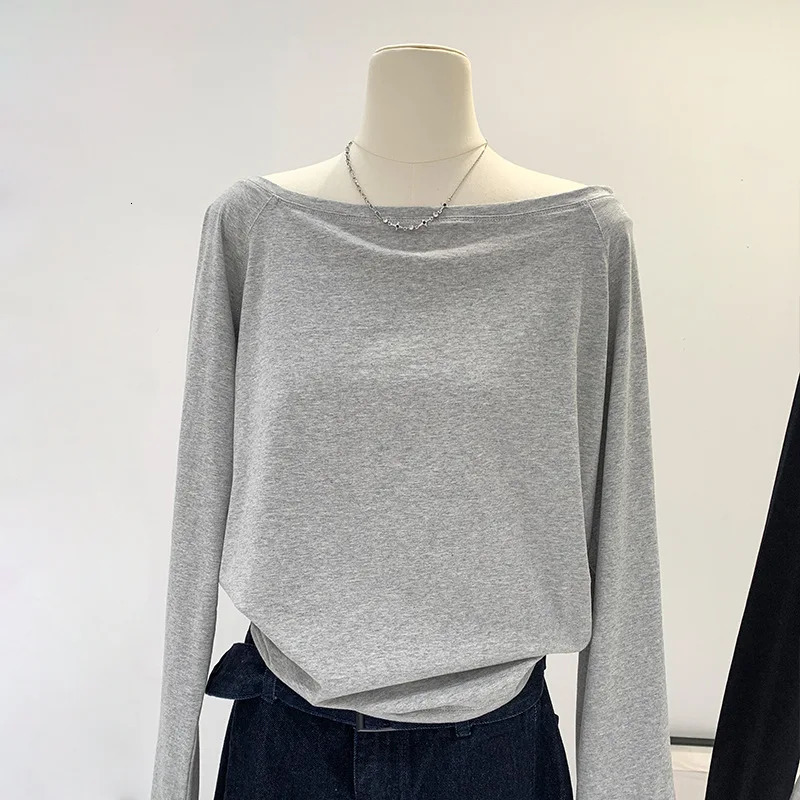 Autumn Winter One Shoulder Cotton Long Sleeve Slant Shoulder Womens Clothing Style Interior Wide Truffle Shoulder Base Shirt 260306