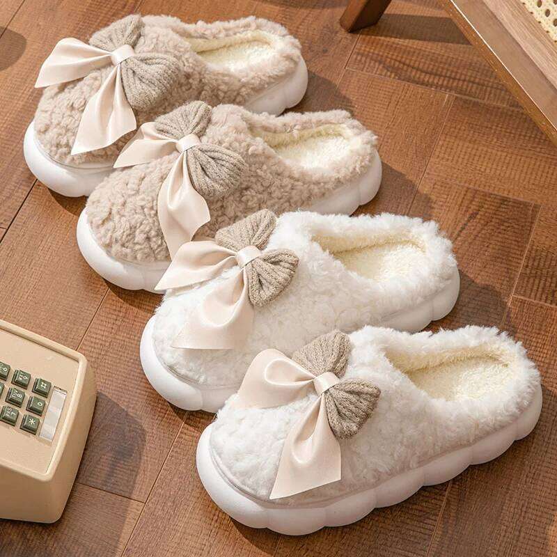 Women's Slippers Thick-Soled Soft-Soled Bedroom Cotton Shoes Outdoor Indoor Winter Plush Non-Slip Bow Warm Houseshoes