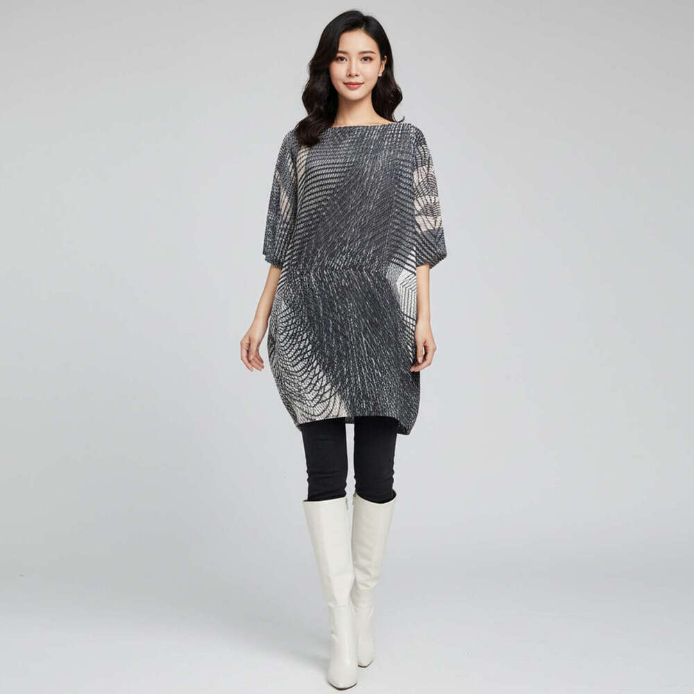 Miyake-style pleated printed for women, new summer model with off-the-shoulder neckline, bat Designer sleeves, loose fit, plus size, mid-length dress