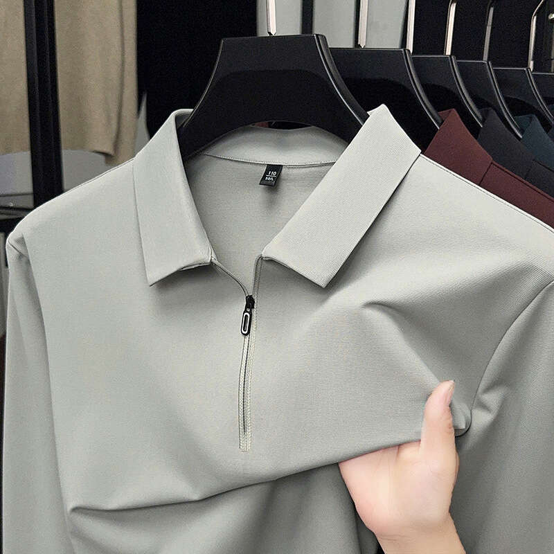 2025 New Spring and Autumn Seamless Long-Sleeve Polo for Men, High-End Business T-Shirt, Trendy Turn-Down Collar Base Shirt