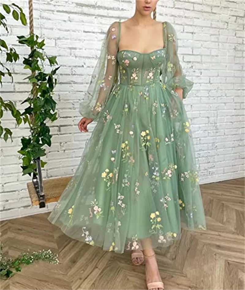 Fairy Princess Flower Tulle Women Maxi Dress Sexy Boat Neck Long Puff Sleeve Evening Prom Dresses for Girl Vestidos X260306