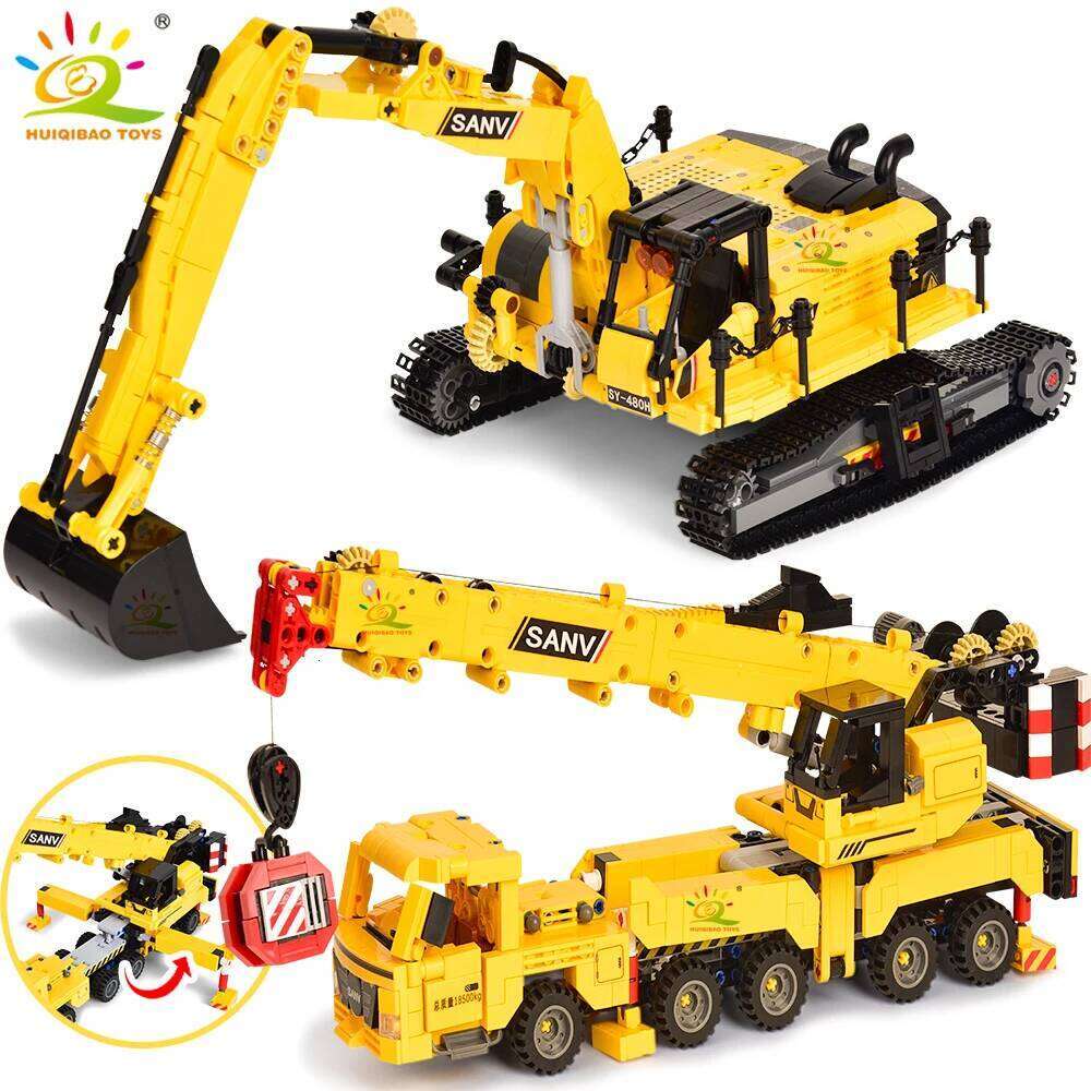 HUIQIBAO MOC Engineering Excavator Crane Truck Building Blocks Vehicle Car Bricks City Construction Toys For Children Boys Z260306