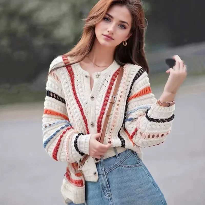 New Chic Rainbow Color Cardigan Women Sweater Autumn O Neck Knitted Coats Hollow Crochet Loose Long Sleeve Jacket Sweet Style M260306
