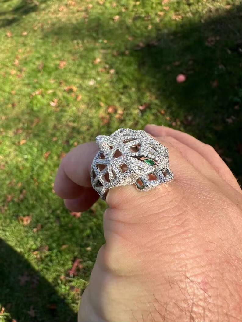 Moissanite and Morganite Geometric Panter Ring IGI Certified Real Solid 925 Silver for Mens Hip Hop Look Wedding Party