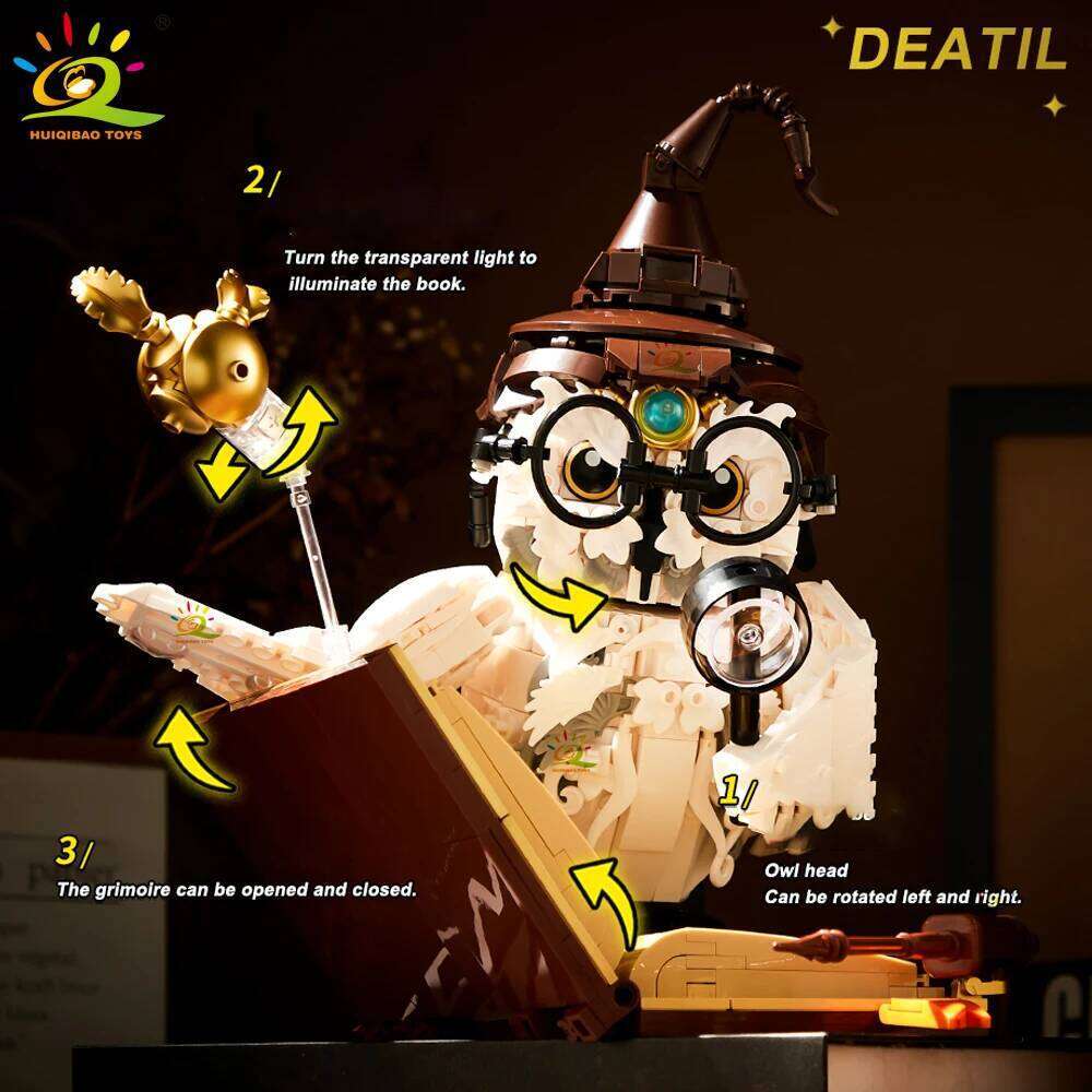 HUIQIBAO MOC Owl Doctor Magic Book with Lights Building Blocks Bricks Animal Models Boys Assembly Toys Kid DIY Home Desk Decor Z260306