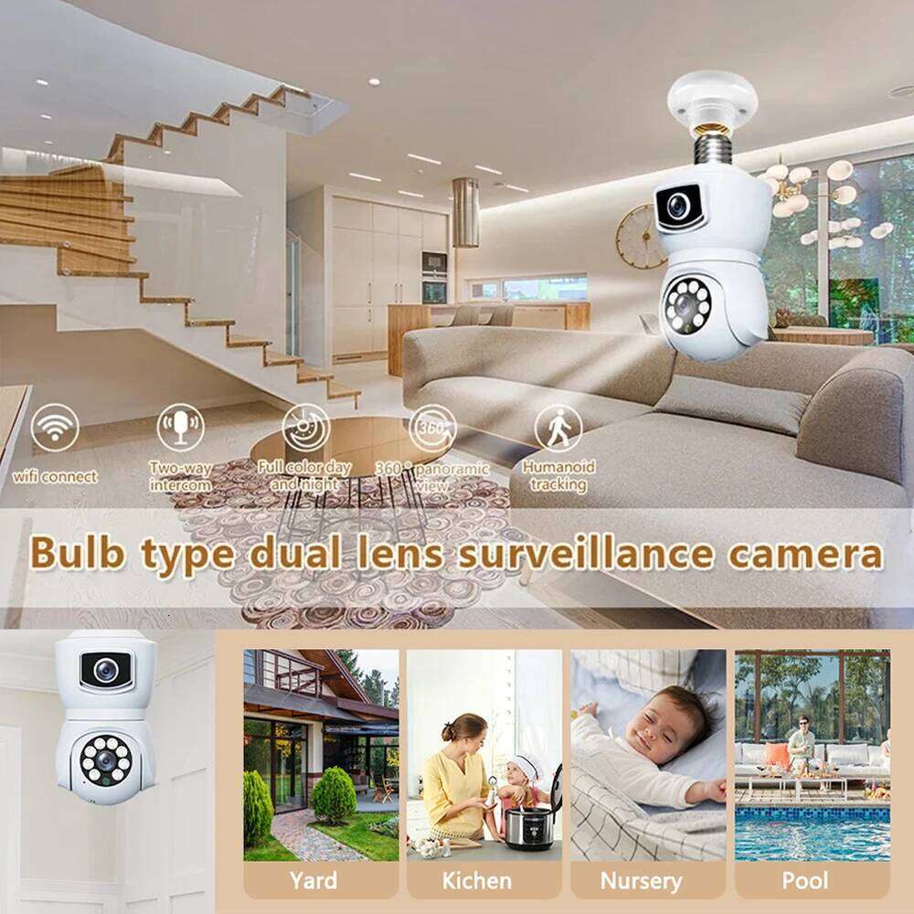 4K 8MP E27 Bulb WiFi Dual Lens Color Night Vision Auto IP Camera Tracking Two Way Audio Indoor Outdoor Security Camcorder 26W0306