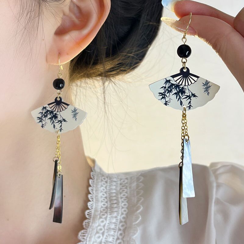 Steel Fun Jewelry New Chinese Style Fan Shell Pendent Long Tassel Dangle National Style Earrings for Women Jewelry Gift