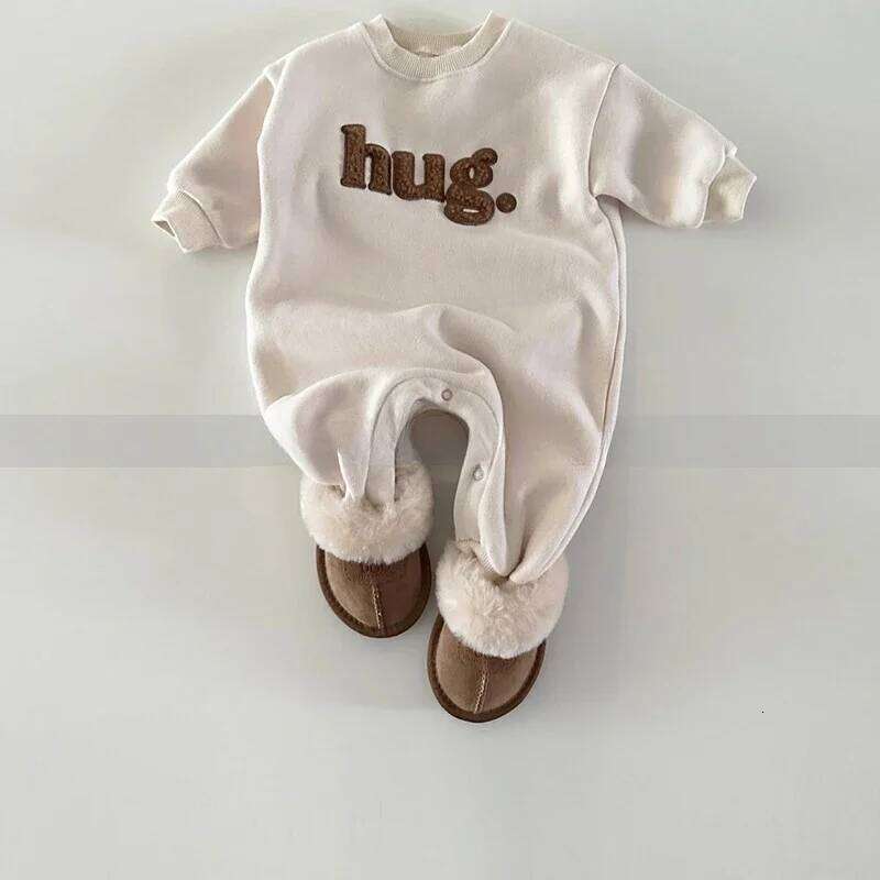 Korean Style Winter Toddler Girls Boys One-Pieces Sweatshirts Jumpsuit Letter Round Collar Fleece Rompers Baby Clothes H51905 Z260306