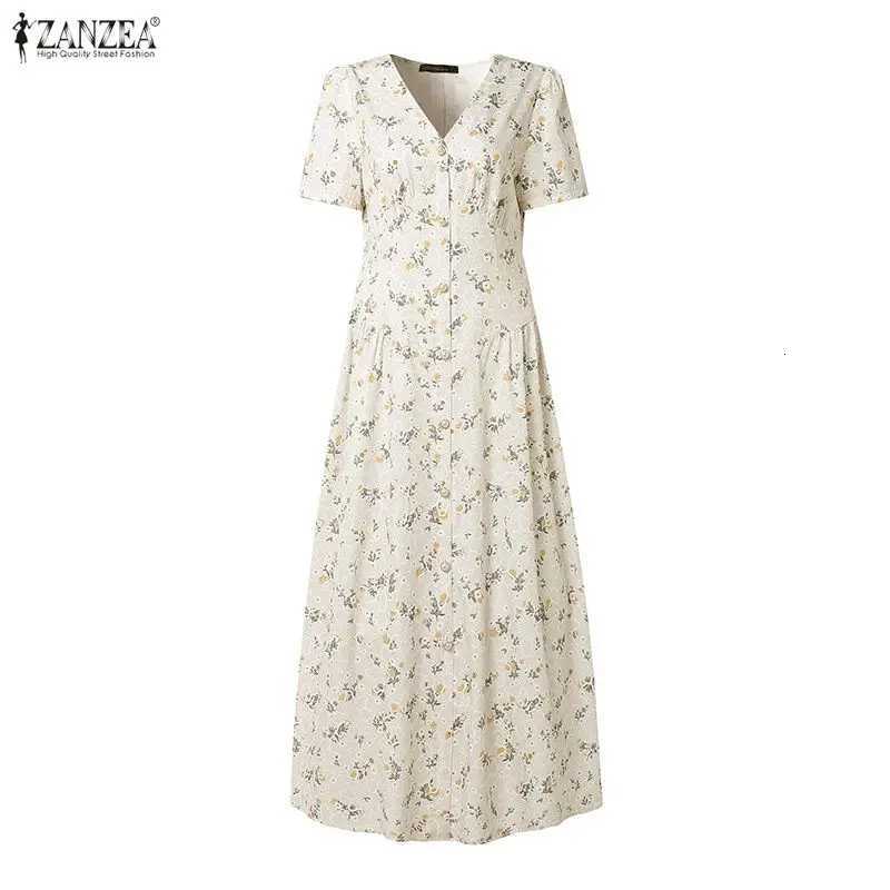 2026 ZANZEA Summer Sundress Women Floral Printed Dresses Stylish V Neck Short Sleeve Holiday Robe Elegant A Line Party Dress X260306