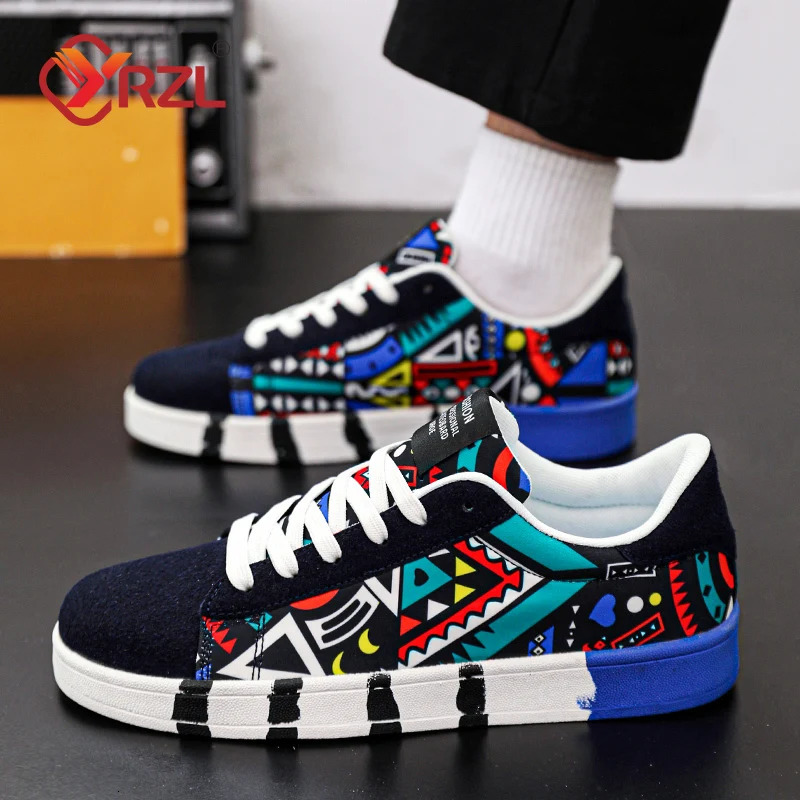 YRZL Mens Sports Running Shoes Canvas Geometric Style Lace-Up Sneakers Couples Fashionable Graffiti Print Skate Shoes Men 260305