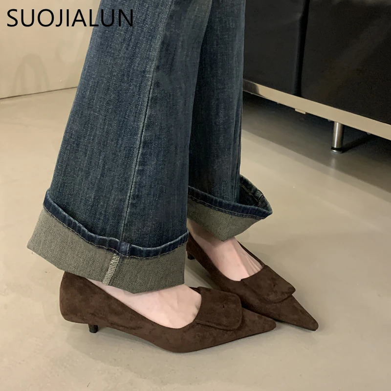 SUOJIALUN Autumn Women Pointed Toe Boat Shoes Fashion Red Ladies Elegant Dress Pumps Shoes Thin Low Heel Outdoor Dress Pump 260303