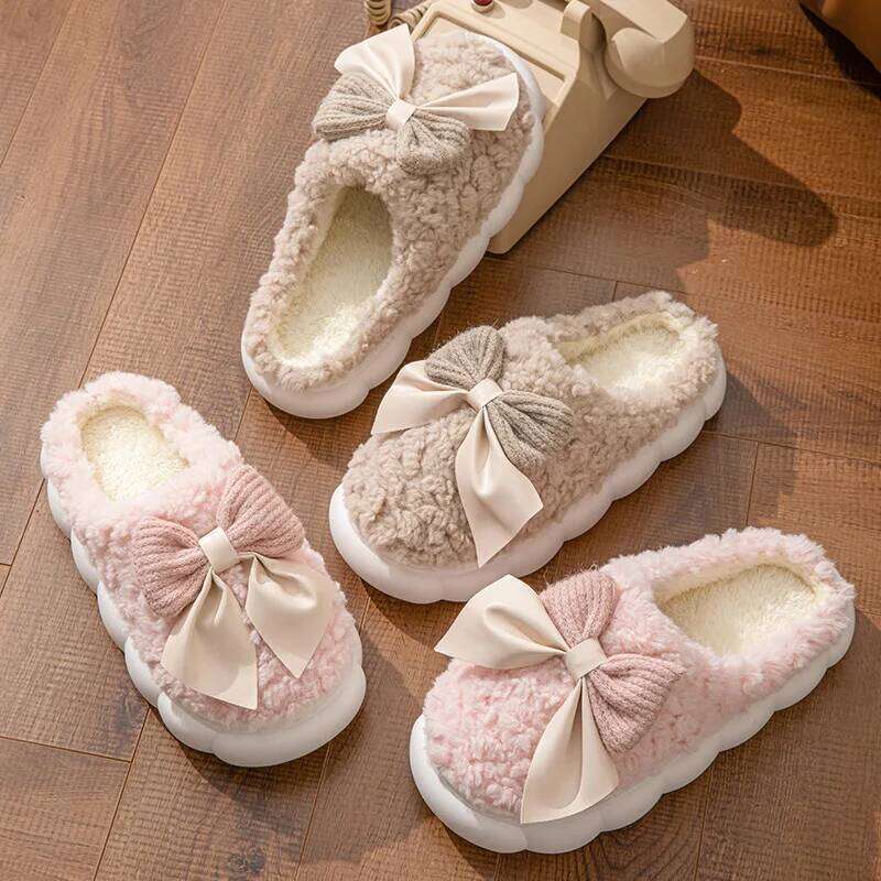 Women's Slippers Thick-Soled Soft-Soled Bedroom Cotton Shoes Outdoor Indoor Winter Plush Non-Slip Bow Warm Houseshoes
