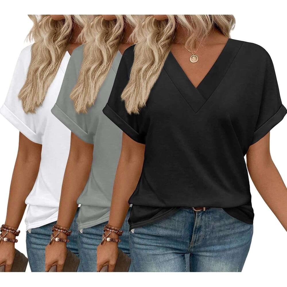 3 Pack T-Shirts Short Sleeve V Neck Tops for Women 2026 Designer Summer Loose Fit Cute Clothes Trendy Fashion Outfits