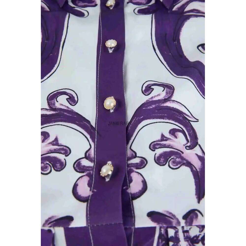 Fashion Summer Floral Long Dress Women Purple Porcelain Print Midi Dresses Shirt Single Breasted Office Lady Work Holiday Runway Mdng260306