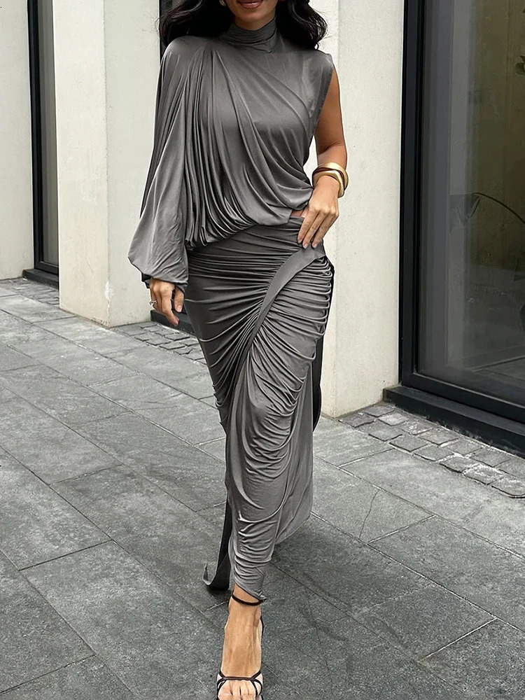 kliou Unique Irregular Women 2 Piece Set Solid Swinging Pleated Single Full Sleeve Turtleneck TopsMatching Split Maxi Skirts 260304