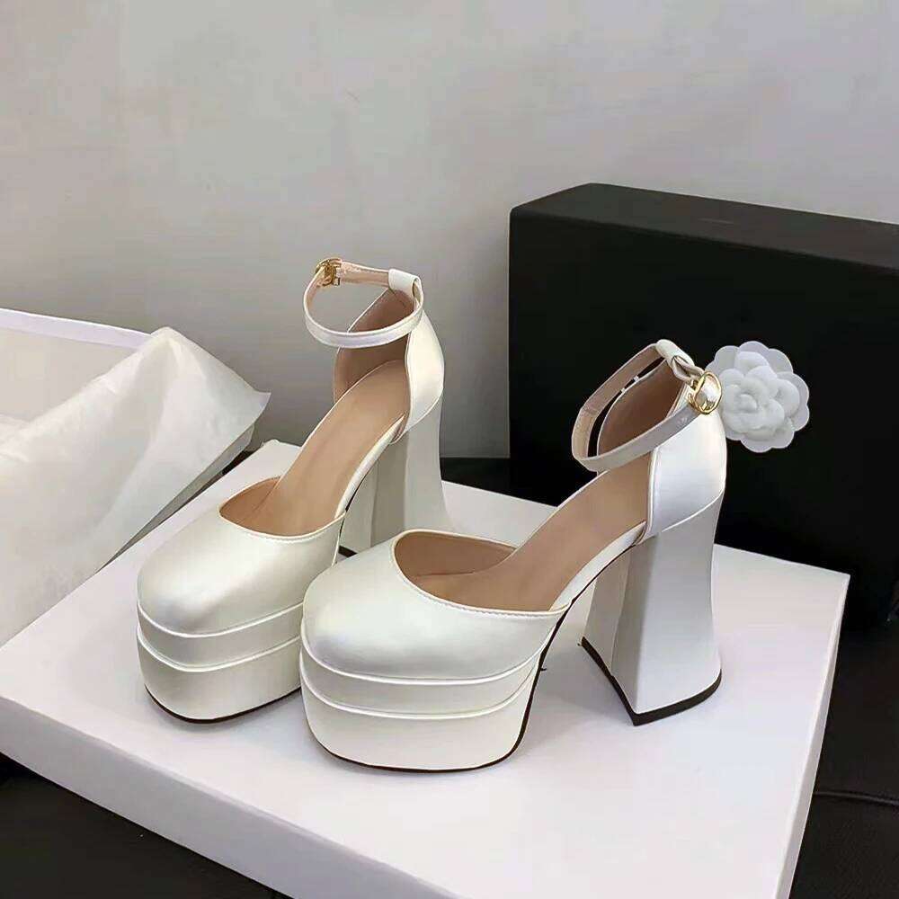 2025 Women'S High Chunky Platform Closed Block Heels Square Toe Ankle Strap Dress Wedding Party Prom Pumps Shoes