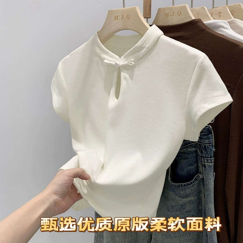 New Chinese T-irt Women's Summer 2026 Stand Collar Button up Top Faionable Design Elegant Chinese Style Short Sleeve T-Shirt