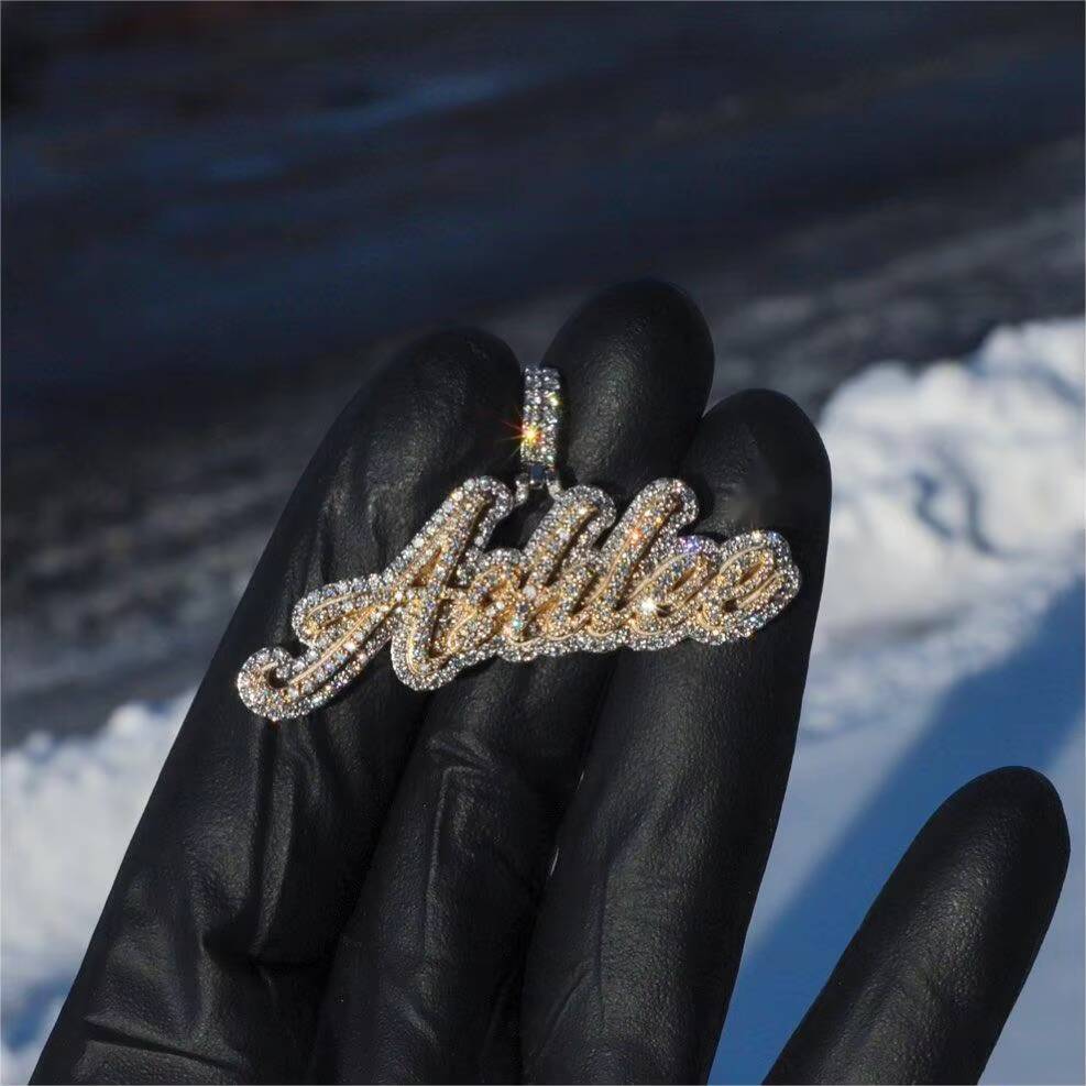 Custom VVS Moissanite Diamond Cursive Letter Pendant S925 Silver with 10k Solid Gold Filled Iced Charms Pendants