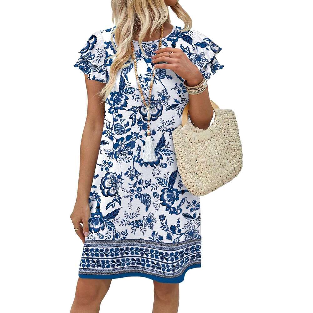 Womens Summer Dresses 2026 Designer Ruffle Sleeve Round Neck Loose Swing Sundresses with Pockets Plain/Print