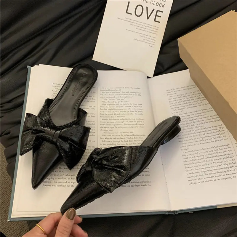 Bowtie Mule Shoes Women Fashion Pointed Toe Stripe Wave Slip-on Sandals Ladies Satin Silk Outdoor Flat Slippers 260303