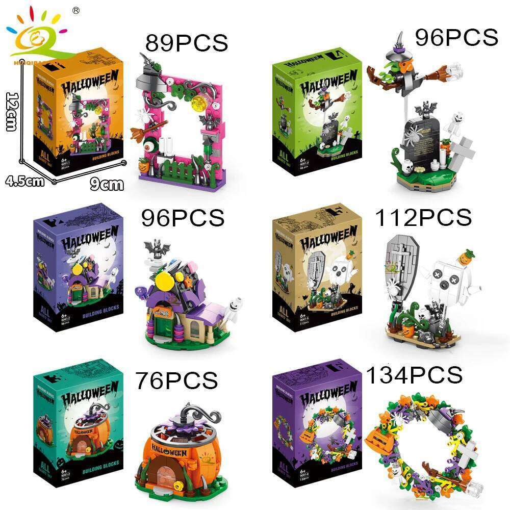 HUIQIBAO 6IN1 Halloween House Train Model Building Blocks City Pumpkin Ghost Car MOC Bricks Set Toys for Children Kids Gift Z260305