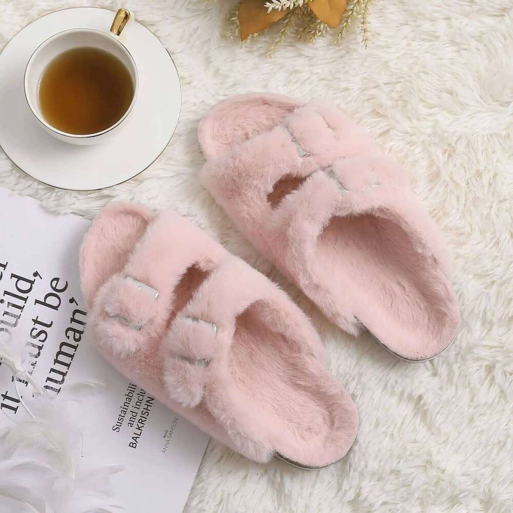 Litfun Winter Plush Lining Slippers For Women Fluffy Open Toe Indoor Slippes With Adjustable Buckle Cork Insole Women's Sandals