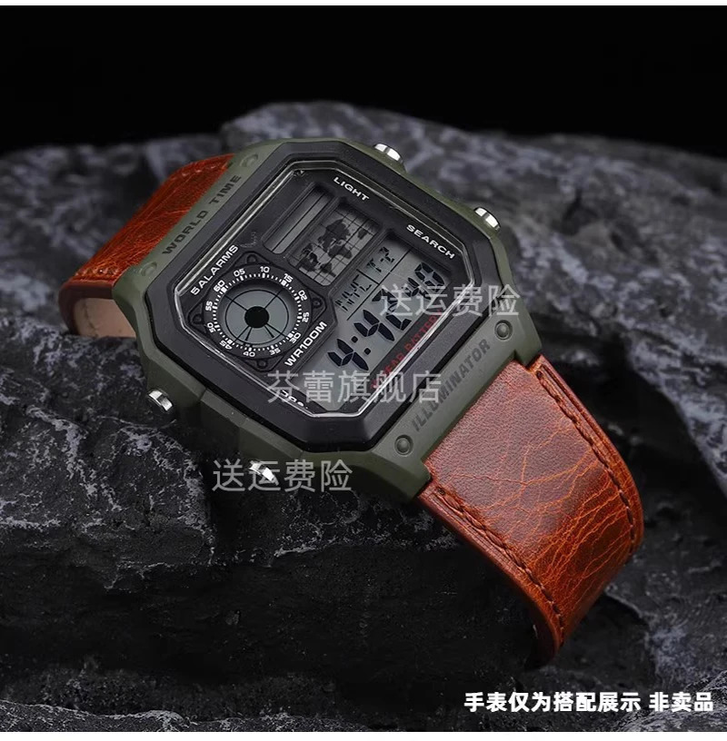 Retro Genuine Leather Watchband For AE1200 AE1300 A158W/A168 W-216H Vintage Watch Strap convex mouth Mens Bracelet 18MM 260304