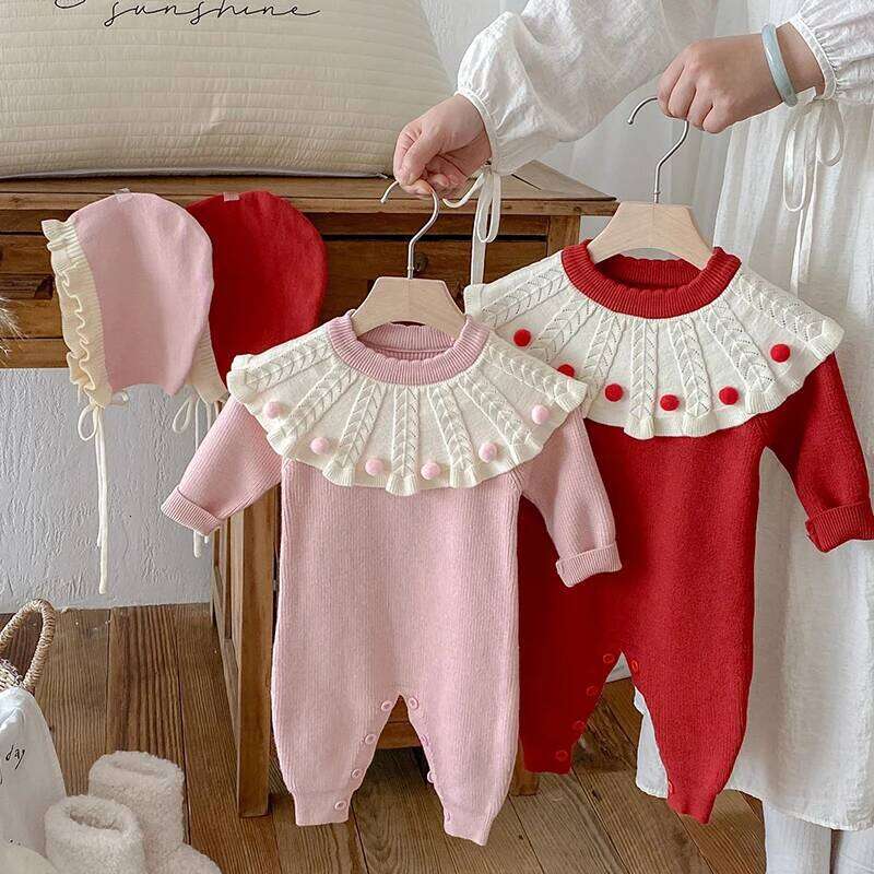 2025 New Autumn Children Clothes Infant Girls Long Sleeved Splicing Jumpsuit Newborn Baby Knitted Bodysuits+Hat Z260306