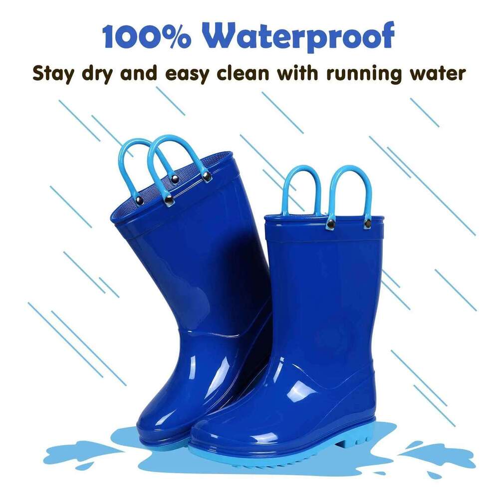 Litfun 2025 New Children Waterproof Non-slip Kids Rubber Boots With Easy-On Handles Soft Sole Unisex Rain Shoes