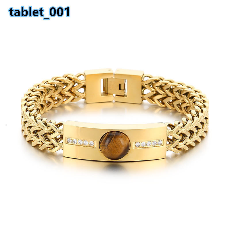Fashion Tiger Eye Stone Rhinestones Inlaid Bracelets Mens Stainless Steel Double Layer Herringbone Links Cuban Chain Bracelet