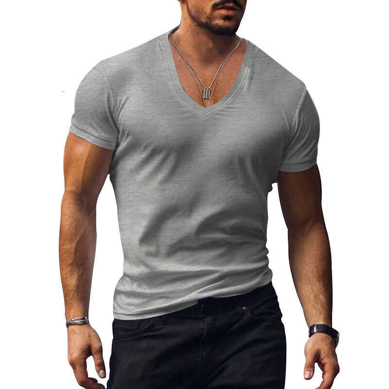 2025 Summer Collection Solid Color T-Shirt for Men Slim Fit V-Neck Short Sleeve Tee Trendy Brand Top MH1