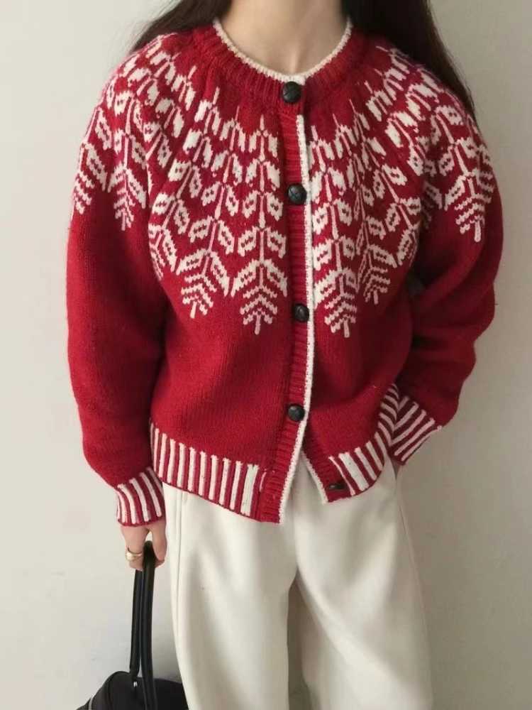 Zjaiss Autumn Winter Lazy Style Loose Long Sleeves O-neck Single-Breasted Knitted Cardigan Korean Retro Jacquard Women Sweater M260306