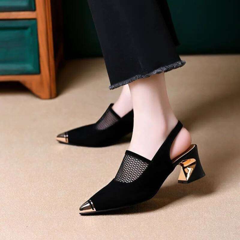 Women Cap Sandals Pointed Toe Backless 2026 Summer New Arrival Soft Leather Mid Block Heel Cutout Mesh Mom Shoes
