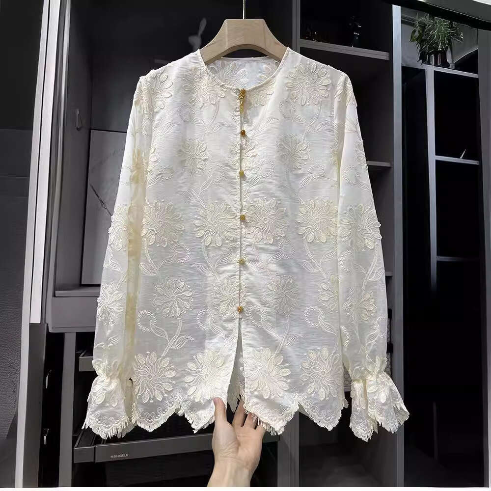 Mardi Hefxessdr Women's Leisure Blouse 2026 Spring Lace Temperament Embroidered Ladies Tops Retro Fashion Lady Shirt style shirt women's clo
