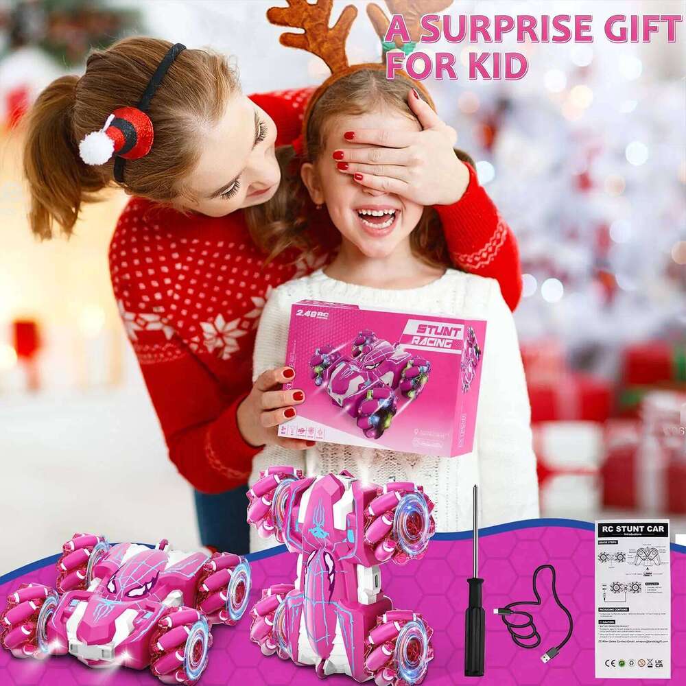 Pink LED Remote Control Stunt Car, 360 Rotation, 2-Sided Driving, Kids' Electric Toy Car for Multiplayer Games C260305