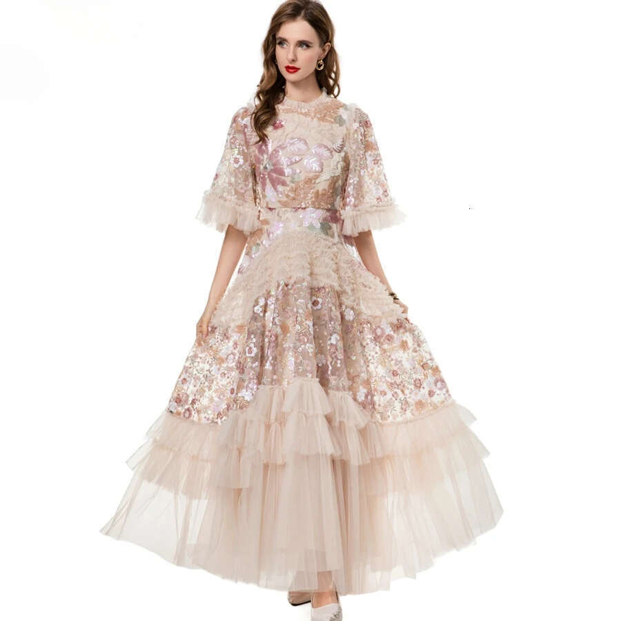 Women's Dress O Neck Short Sleeves Sequined Floral Patchwork Ruffles Elegant Designer Party Prom Gown Maxi Vestidos