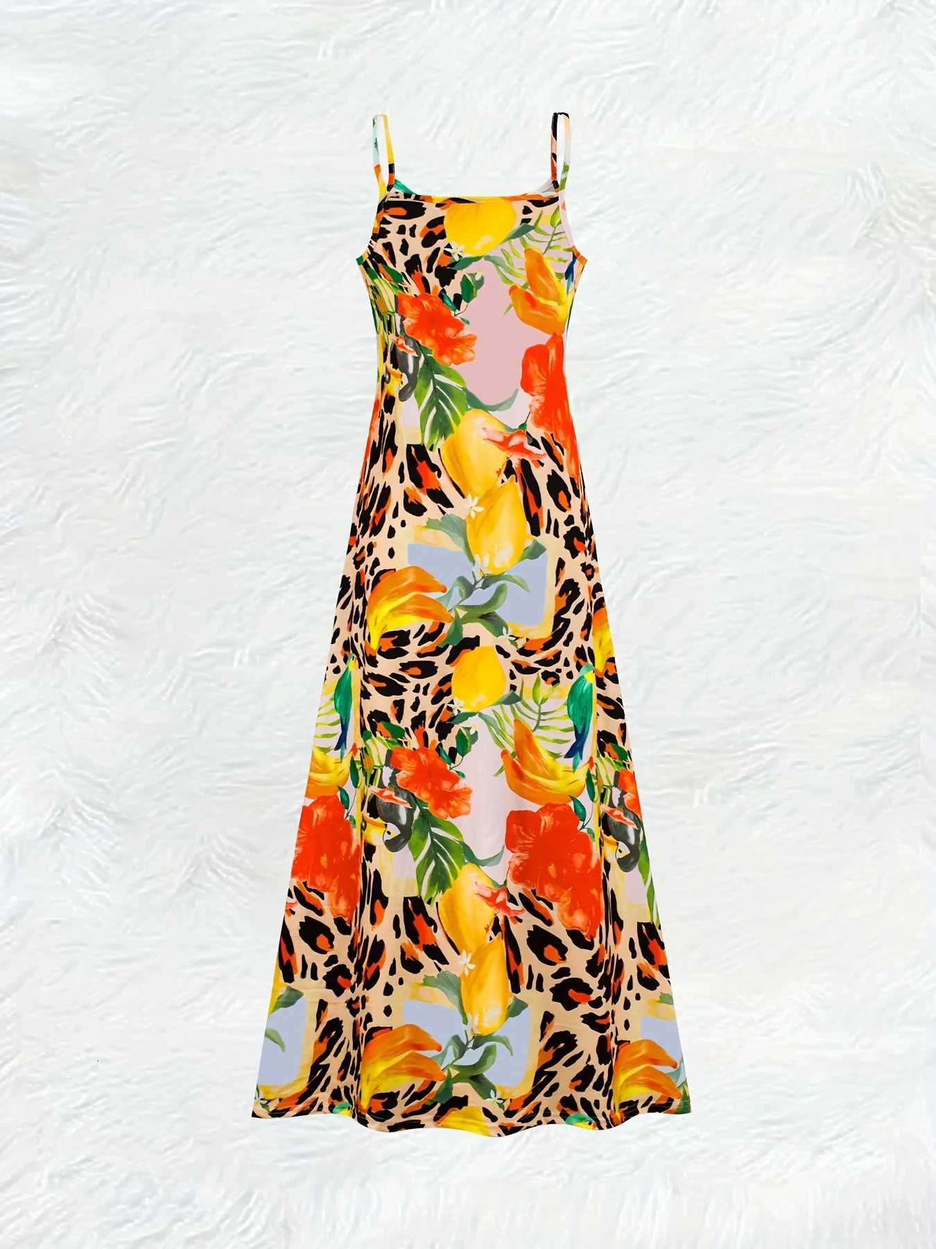 Printed Design Leopard Print Red Flowers Yellow Fruits Pink Beige Spaghetti Strap Maxi Dress X260306