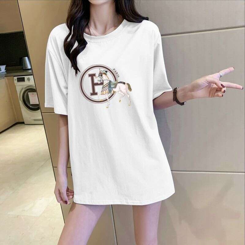 100% Cotton Short-Sleeve T-Shirt For Women, Loose Fit, New Summer Style, Paired With Shark Pants, Mid-Length Top That Covers The Hips, Stylish Asia Si