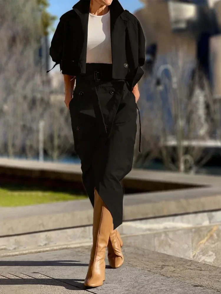 Fashion Two Piece Sets Outfits Office Lady Tracksuit Street Wear Cargo Set Long Sleeve Jacket and Wrap High Split Skirts Suit 260304