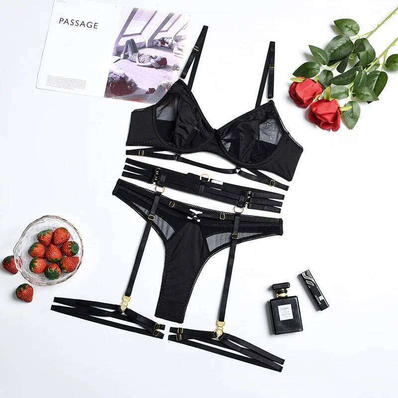 Fashion Black Bra Women Patchwork See Through Mesh Lingerie Ladies Sexy Panty Garters Transparent Underwear Set