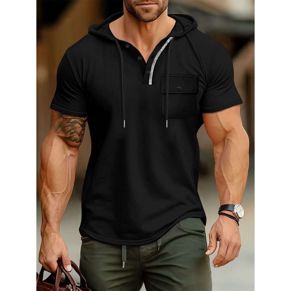 Men's Fitness Hooded Short Sleeve T-Shirt Summer Hoodie Sports Top American Style Henley Shirt