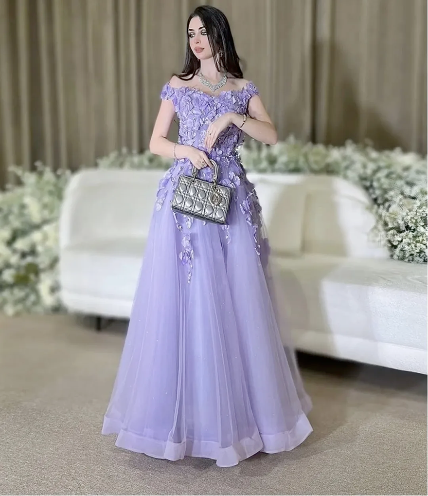 New Modern Purple Prom Party Dress 2026 Off the Shoulder 3D Flowers Lace Tulle Evening Birthday Formal Gowns Pageant Dresses Arabic Dubai Robe De Soir