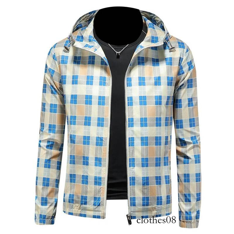 Faionable Plaid Hooded Jaet Spring Autumn High End Men's Outerwear Polyester Fiber Long Sve Zipper Closure