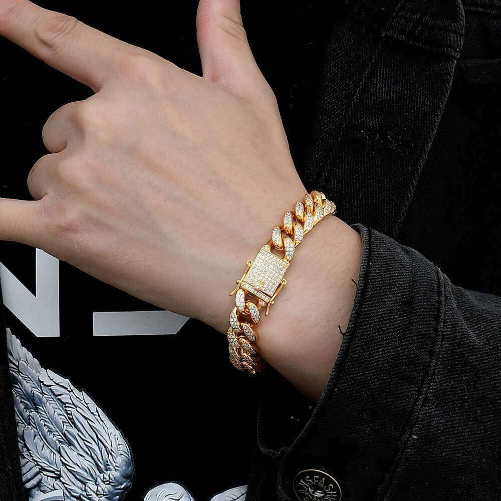 European and American Hip Hop Zircon Bracelet 12mm Double Row Full Diamond Cuban Chain Real Gold Plated High-Quality Men's Jewelry