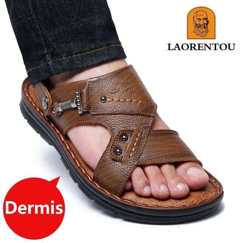 LAORENTOU leather male casual beach shoes wear non-slip sandals and sliers cowhide
