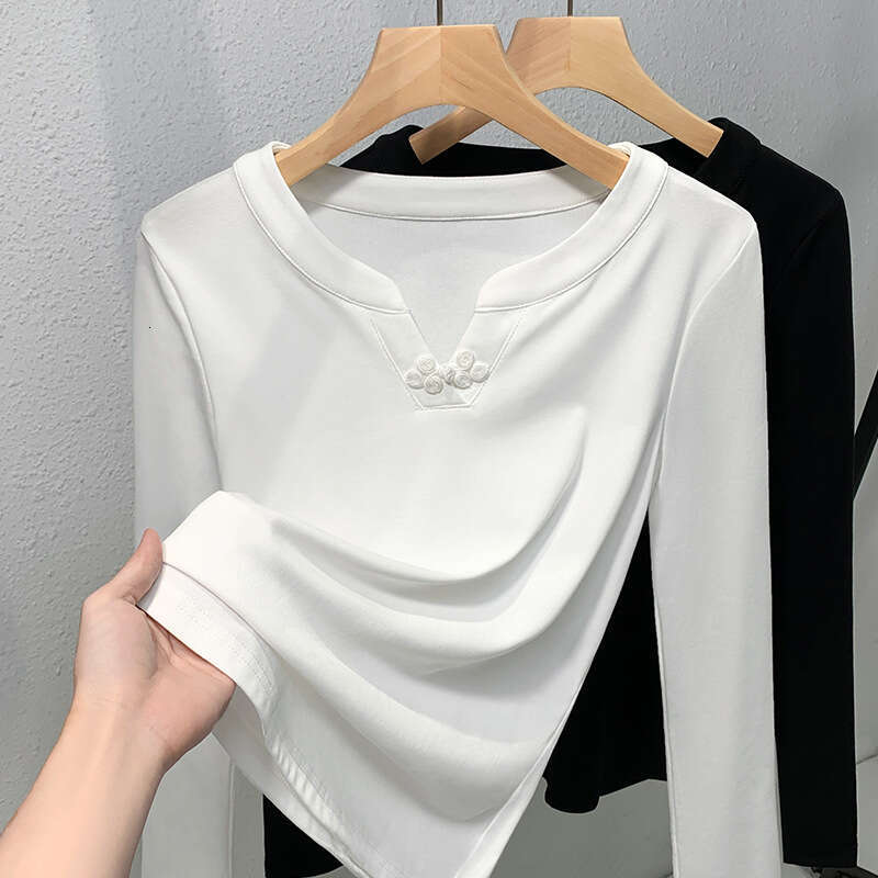 Cotton Autumn T Shirt for Women V Neck Sexy Slim Tops Long Sleeve Tshirt Basic Solid Y2k Streetwear Skinny Female Tee New Chinese style buttoned top