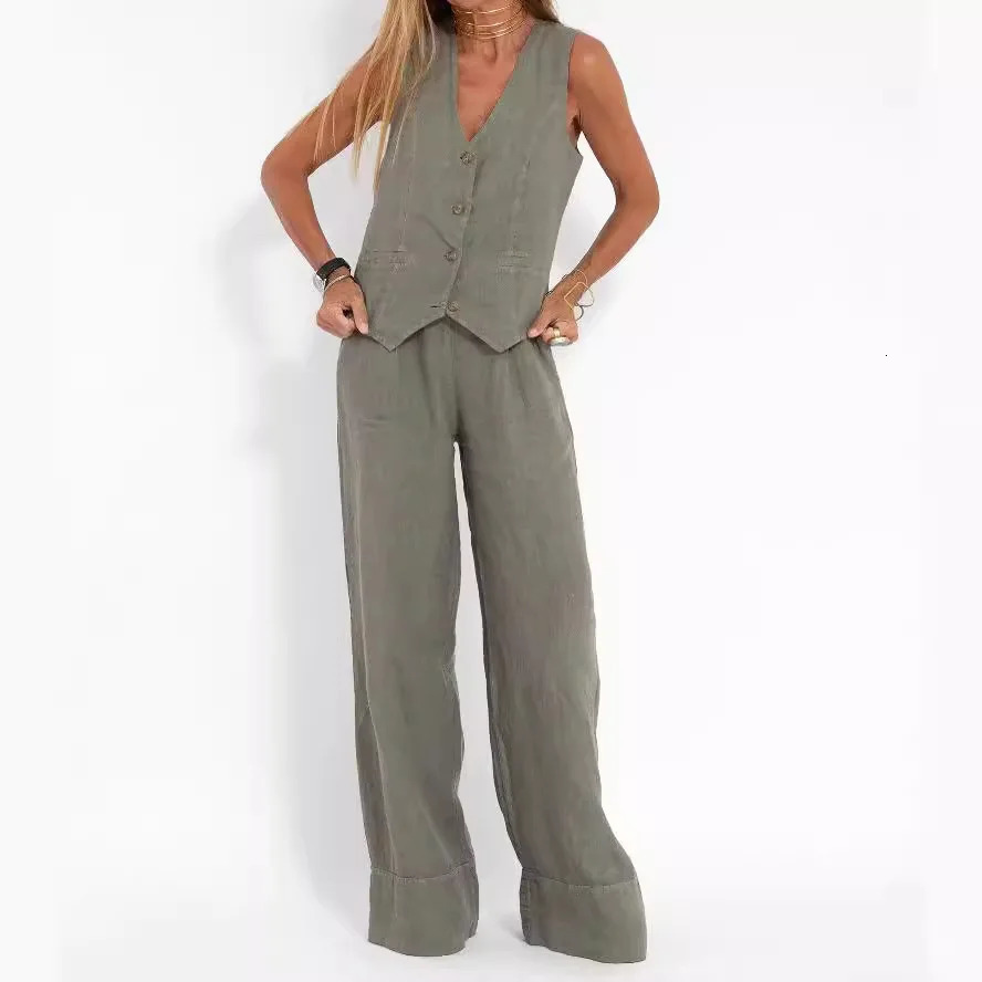 Summer And Autumn European And American Solid Color Fashion Vest Trousers Patchwork Cotton And Linen Casual Womens Suit 260305