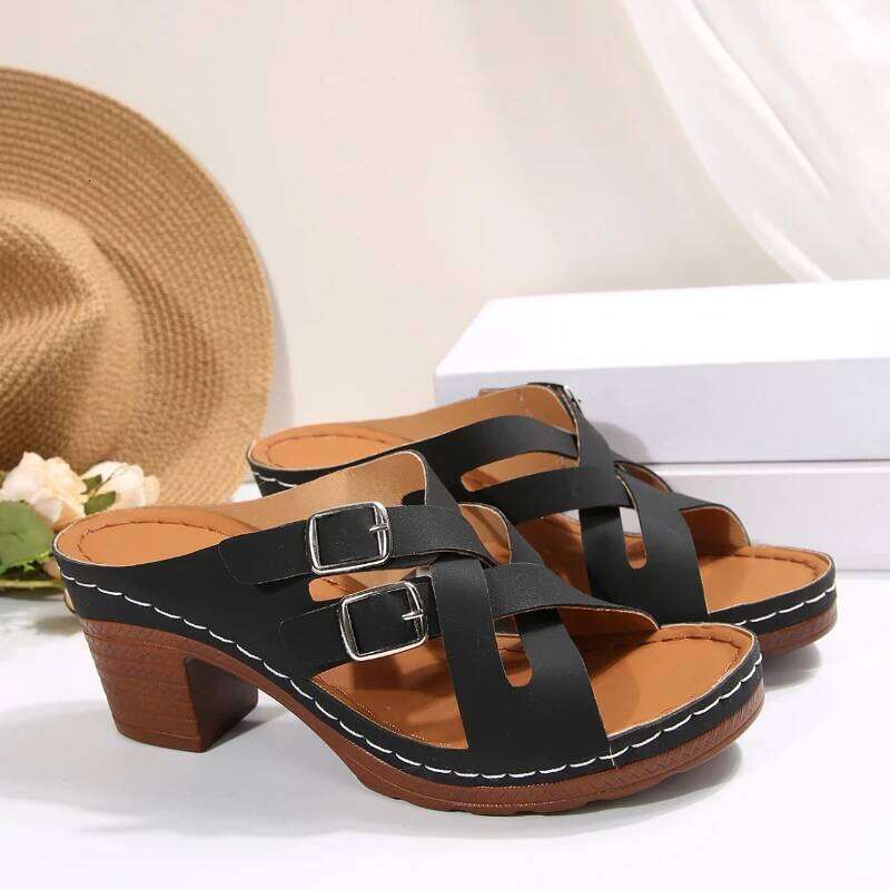 2026 New Women's Hot Selling Fashion Double Buckle Design High Heels Open toed Rubber Sole Non slip Sandals