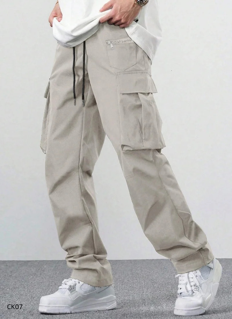 mens workwear pants mens loose straight leg casual pants mens drawstring workwear pocket pants 260305